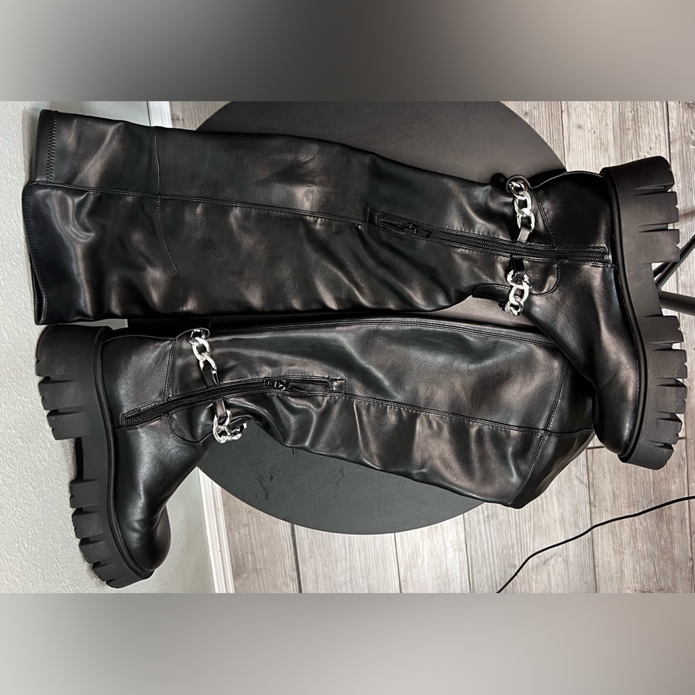 G By Guess Coen Tall Platform Boots Over The Knee Chain Chunky Festival Goth - Picture 8 of 13